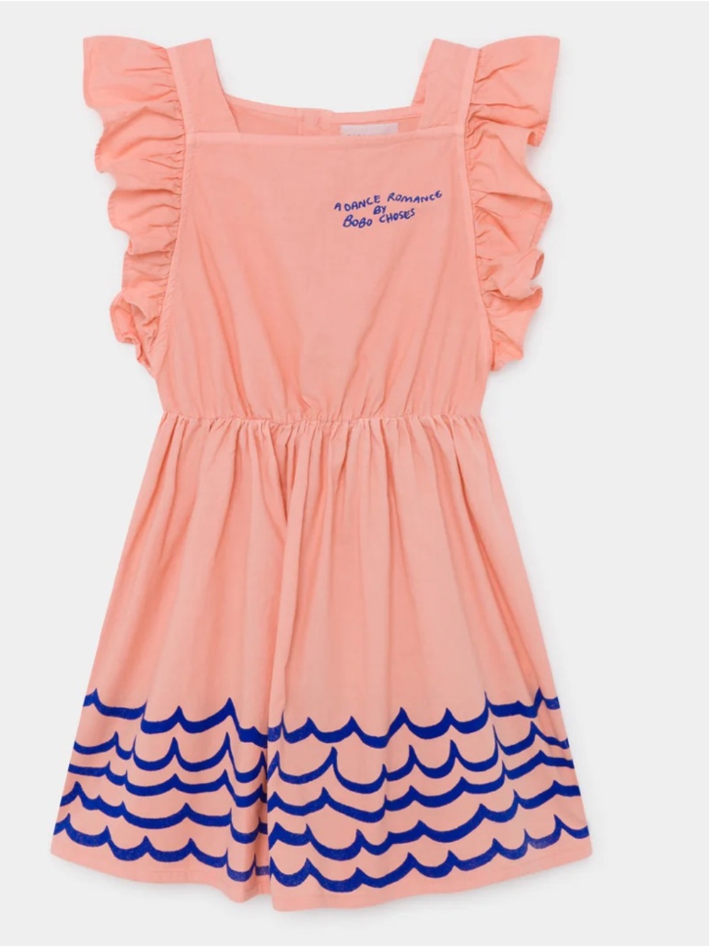 Bobo Choses "Waves Woven Ruffle Dress" in a peachy color with blue design detail